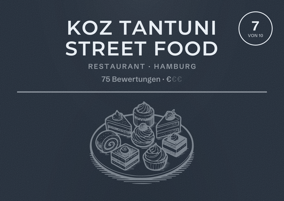 Illustriertes Poster von Koz Tantuni Street Food, Restaurant in Hamburg: Bewertung 7,0 von 10 aus 75 Bewertungen, Preisniveau €