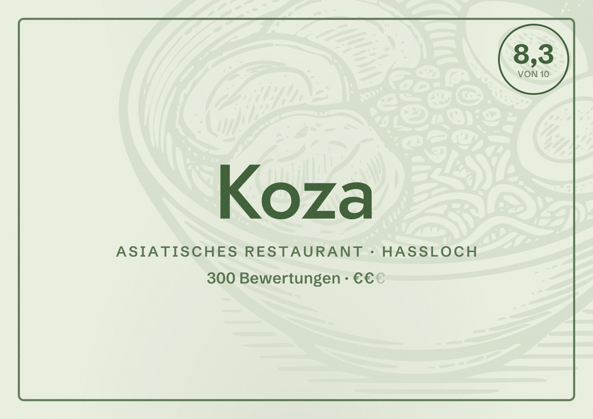 Illustriertes Poster von Koza, Asiatisches Restaurant in Haßloch: Bewertung 8,3 von 10 aus 300 Bewertungen, Preisniveau €€