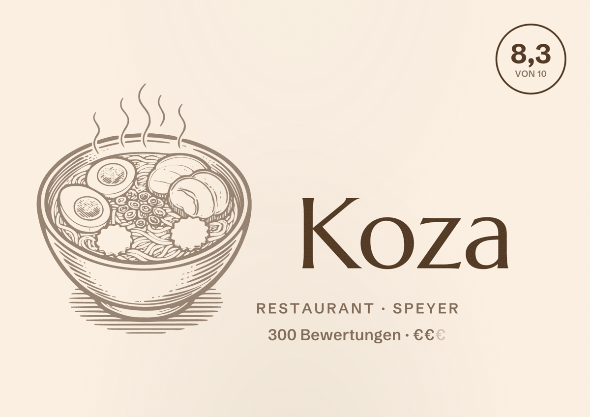 Illustriertes Poster von Koza, Restaurant in Speyer: Bewertung 8,3 von 10 aus 300 Bewertungen, Preisniveau €€