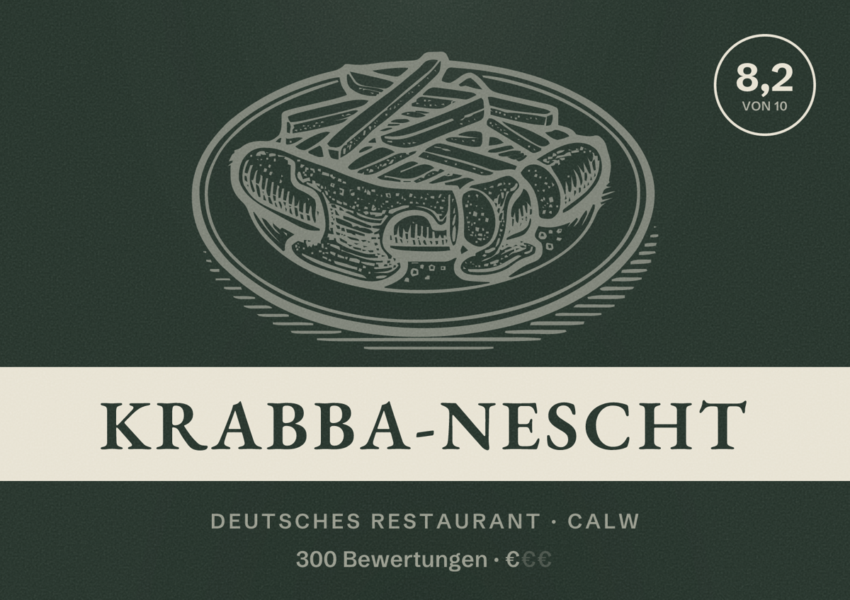 Illustriertes Poster von Krabba-Nescht, Deutsches Restaurant in Calw: Bewertung 8,2 von 10 aus 300 Bewertungen, Preisniveau €