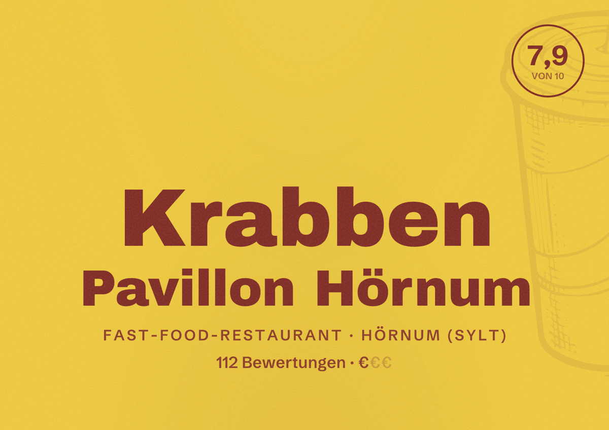 Illustriertes Poster von Krabben Pavillon Hörnum, Fast-Food-Restaurant in Hörnum (Sylt): Bewertung 7,9 von 10 aus 112 Bewertungen, Preisniveau €