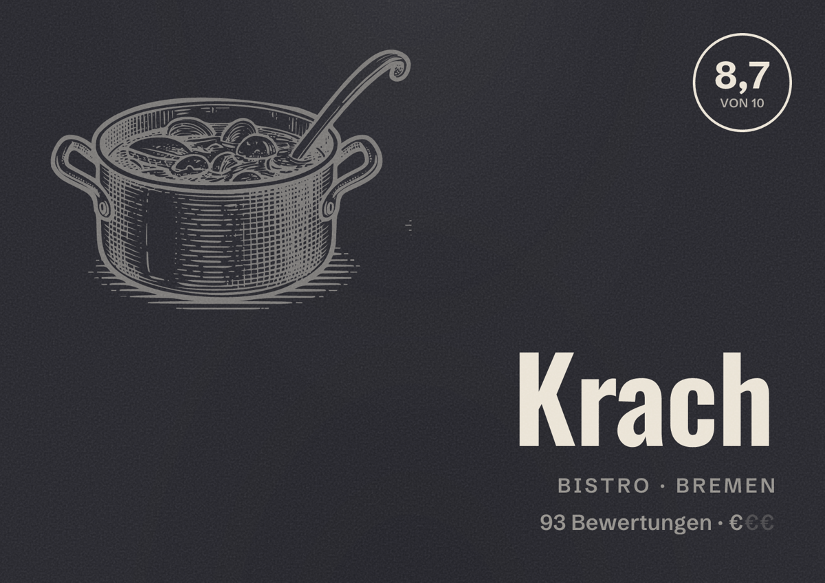 Illustriertes Poster von Krach, Bistro in Bremen: Bewertung 8,7 von 10 aus 93 Bewertungen, Preisniveau €