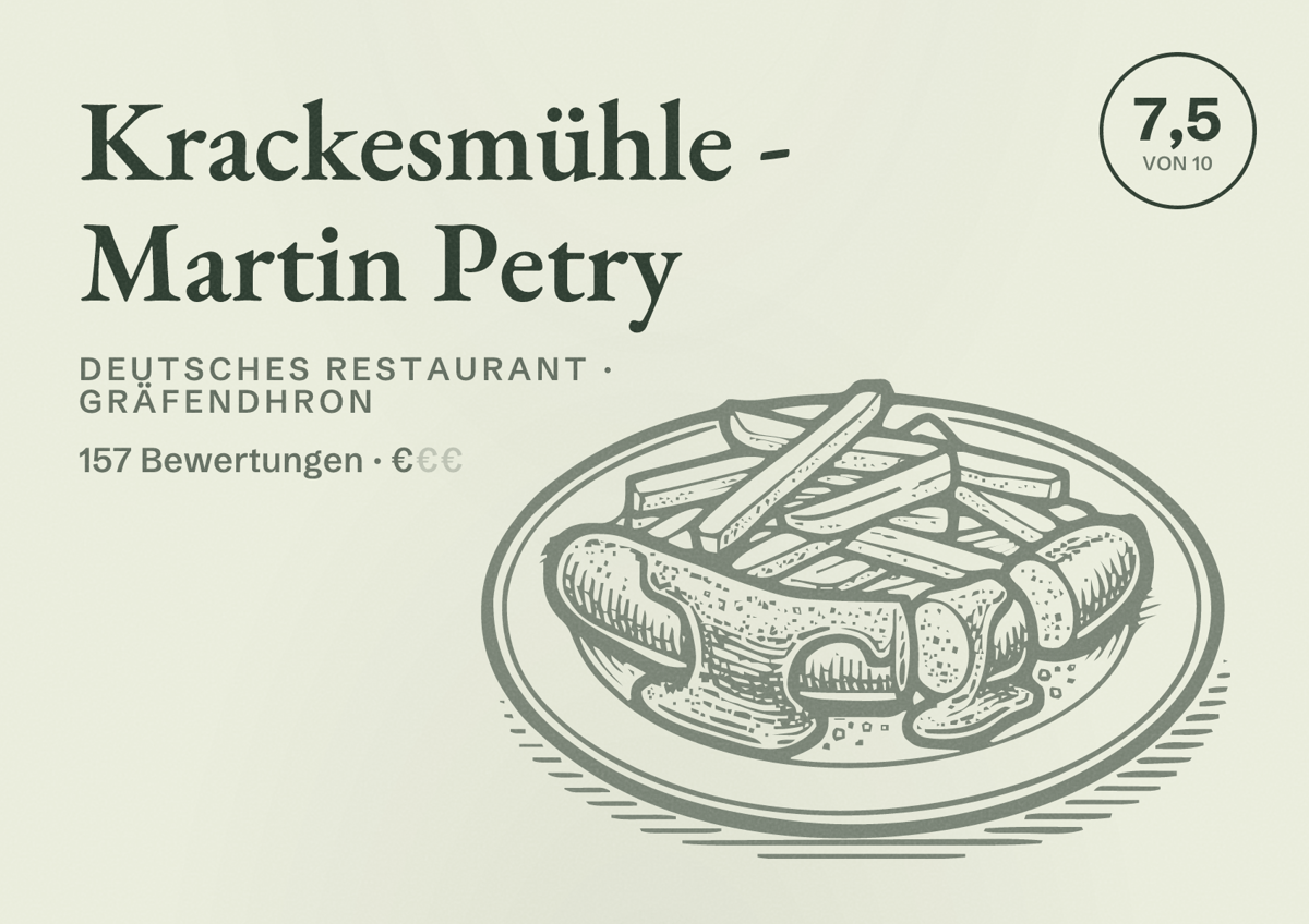 Illustriertes Poster von Krackesmühle - Martin Petry, Deutsches Restaurant in Gräfendhron: Bewertung 7,5 von 10 aus 157 Bewertungen, Preisniveau €