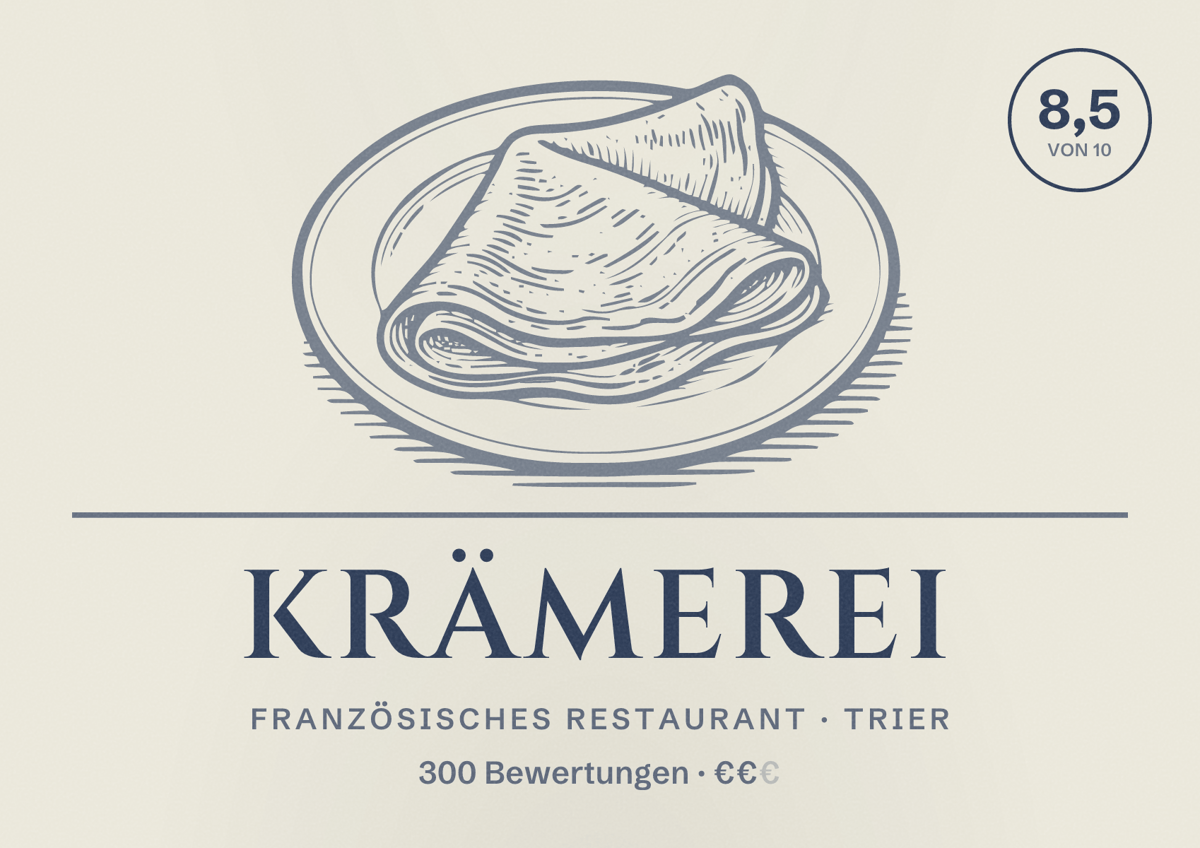 Illustriertes Poster von Krämerei, Französisches Restaurant in Trier: Bewertung 8,5 von 10 aus 300 Bewertungen, Preisniveau €€