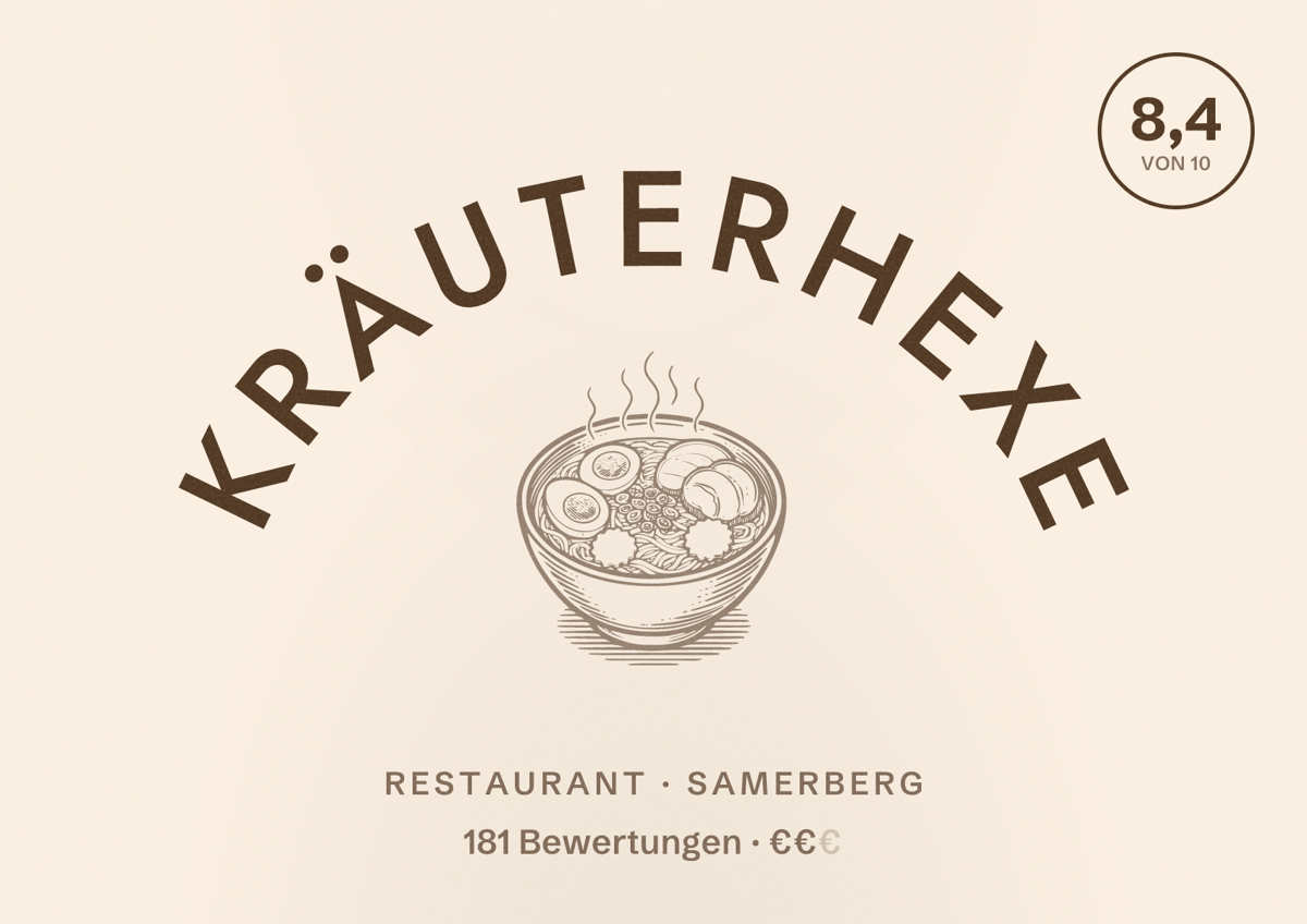 Illustriertes Poster von Kräuterhexe, Restaurant in Samerberg: Bewertung 8,4 von 10 aus 181 Bewertungen, Preisniveau €€