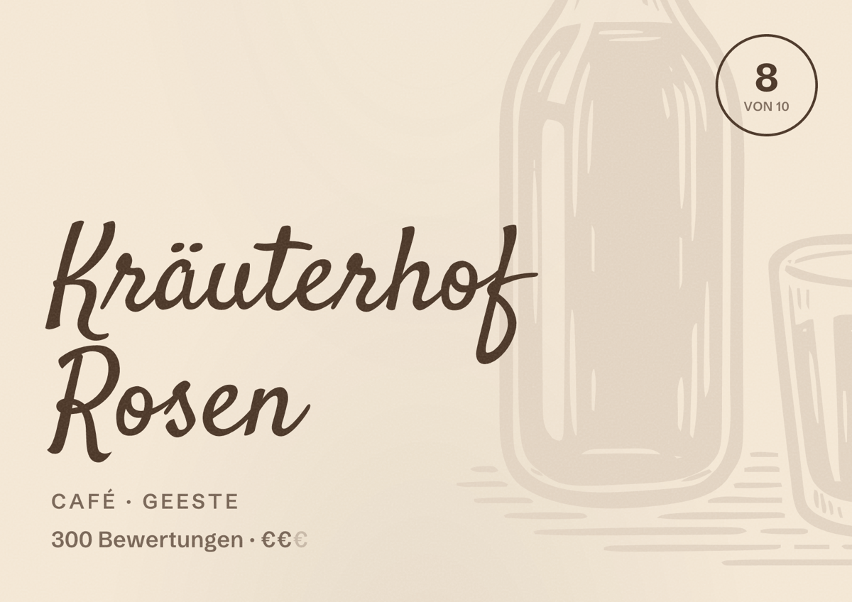 Illustriertes Poster von Kräuterhof Rosen, Café in Geeste: Bewertung 8 von 10 aus 300 Bewertungen, Preisniveau €€