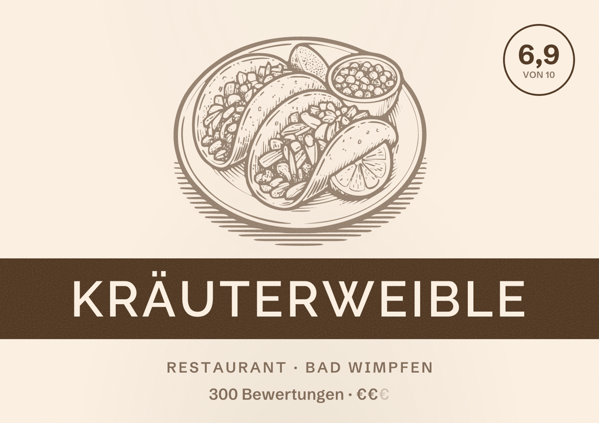 Illustriertes Poster von Kräuterweible, Restaurant in Bad Wimpfen: Bewertung 6,9 von 10 aus 300 Bewertungen, Preisniveau €€