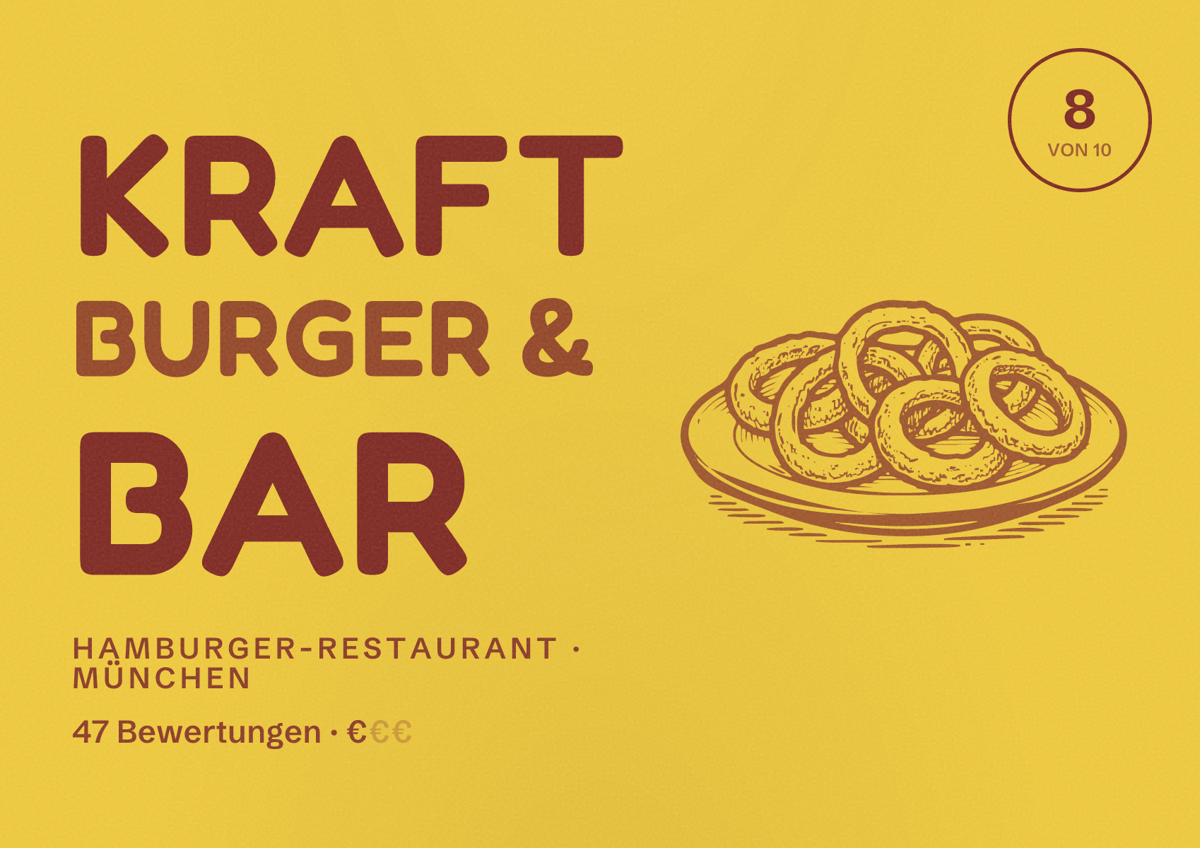 Illustriertes Poster von Kraft Burger & Bar, Hamburger-Restaurant in München: Bewertung 8,0 von 10 aus 47 Bewertungen, Preisniveau €