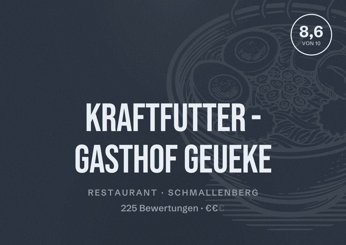 Illustriertes Poster von Kraftfutter - Gasthof Geueke, Restaurant in Schmallenberg: Bewertung 8,6 von 10 aus 225 Bewertungen, Preisniveau €€