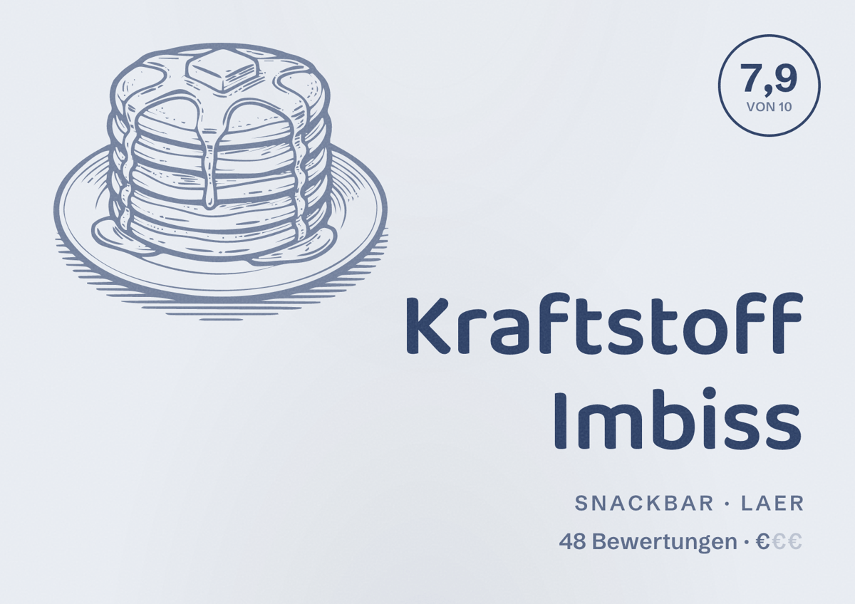 Illustriertes Poster von Kraftstoff Imbiss, Snackbar in Laer: Bewertung 7,9 von 10 aus 48 Bewertungen, Preisniveau €