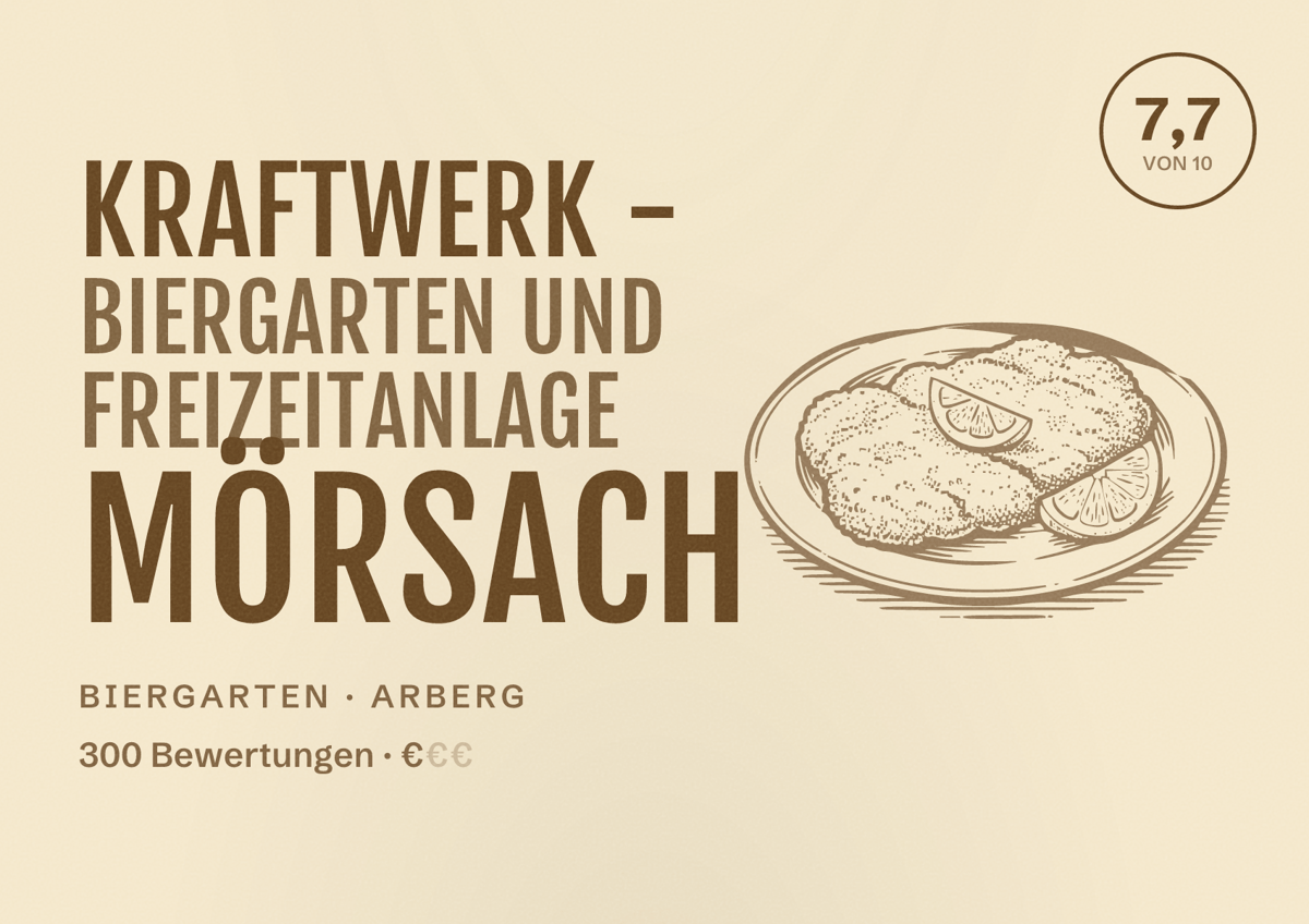 Illustriertes Poster von Kraftwerk - Biergarten und Freizeitanlage Mörsach, Biergarten in Arberg: Bewertung 7,7 von 10 aus 300 Bewertungen, Preisniveau €