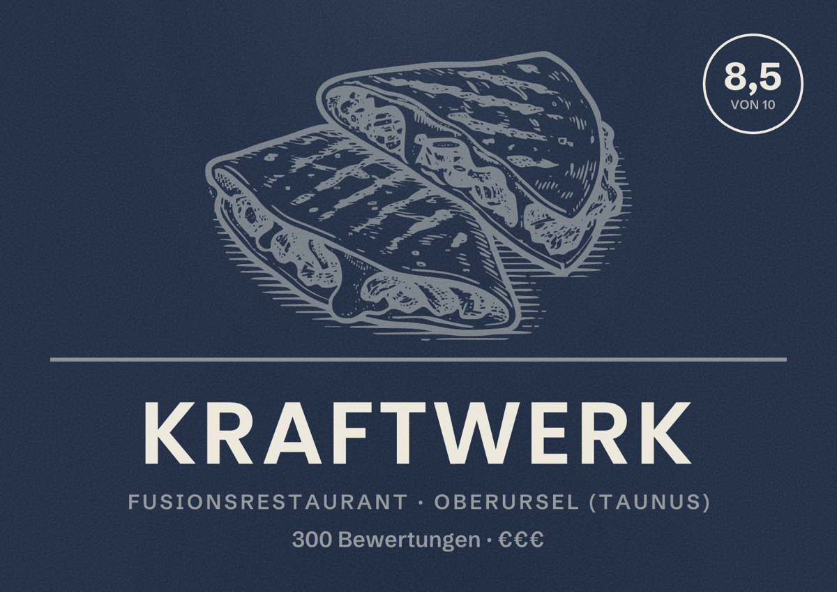 Illustriertes Poster von Kraftwerk, Fusionsrestaurant in Oberursel (Taunus): Bewertung 8,5 von 10 aus 300 Bewertungen, Preisniveau €€€