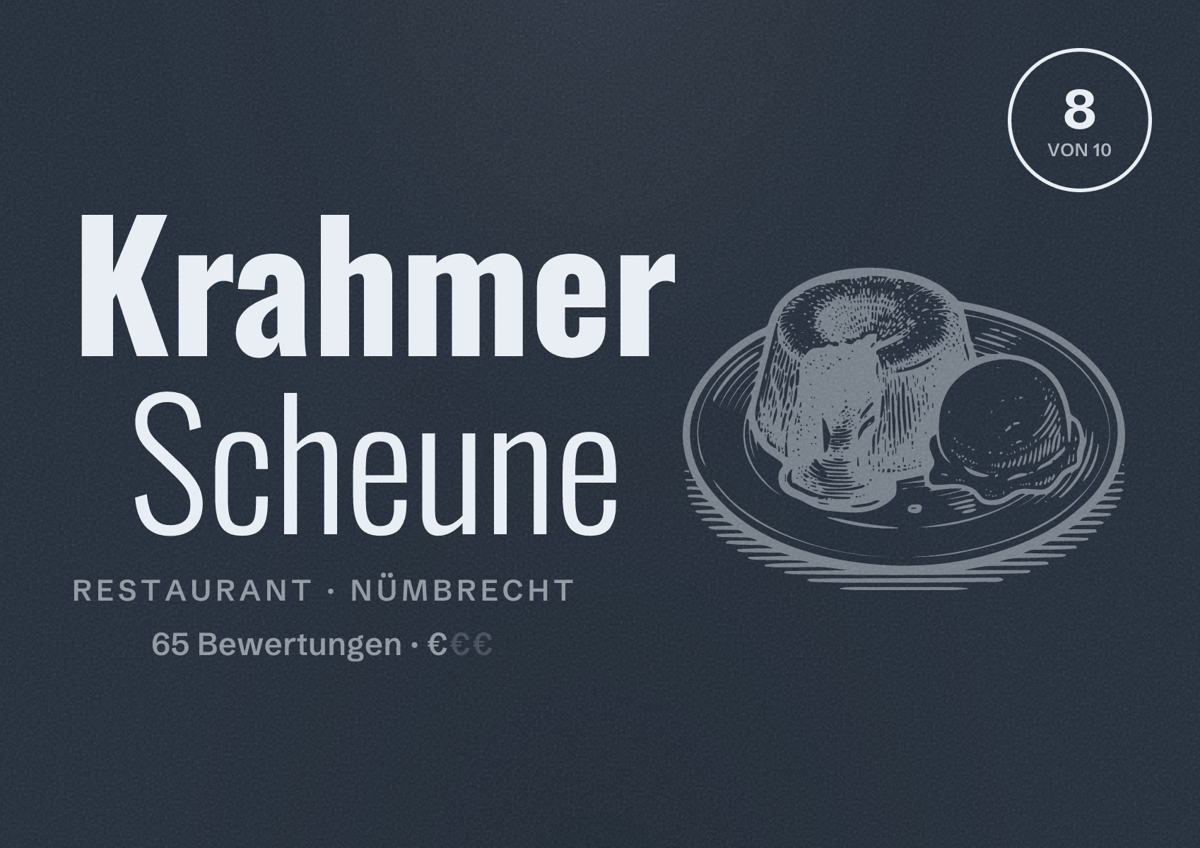 Illustriertes Poster von Krahmer Scheune, Restaurant in Nümbrecht: Bewertung 8 von 10 aus 65 Bewertungen, Preisniveau €