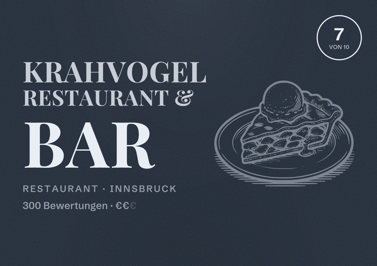 Illustriertes Poster von Krahvogel Restaurant & Bar, Restaurant in Innsbruck: Bewertung 7 von 10 aus 300 Bewertungen, Preisniveau €€