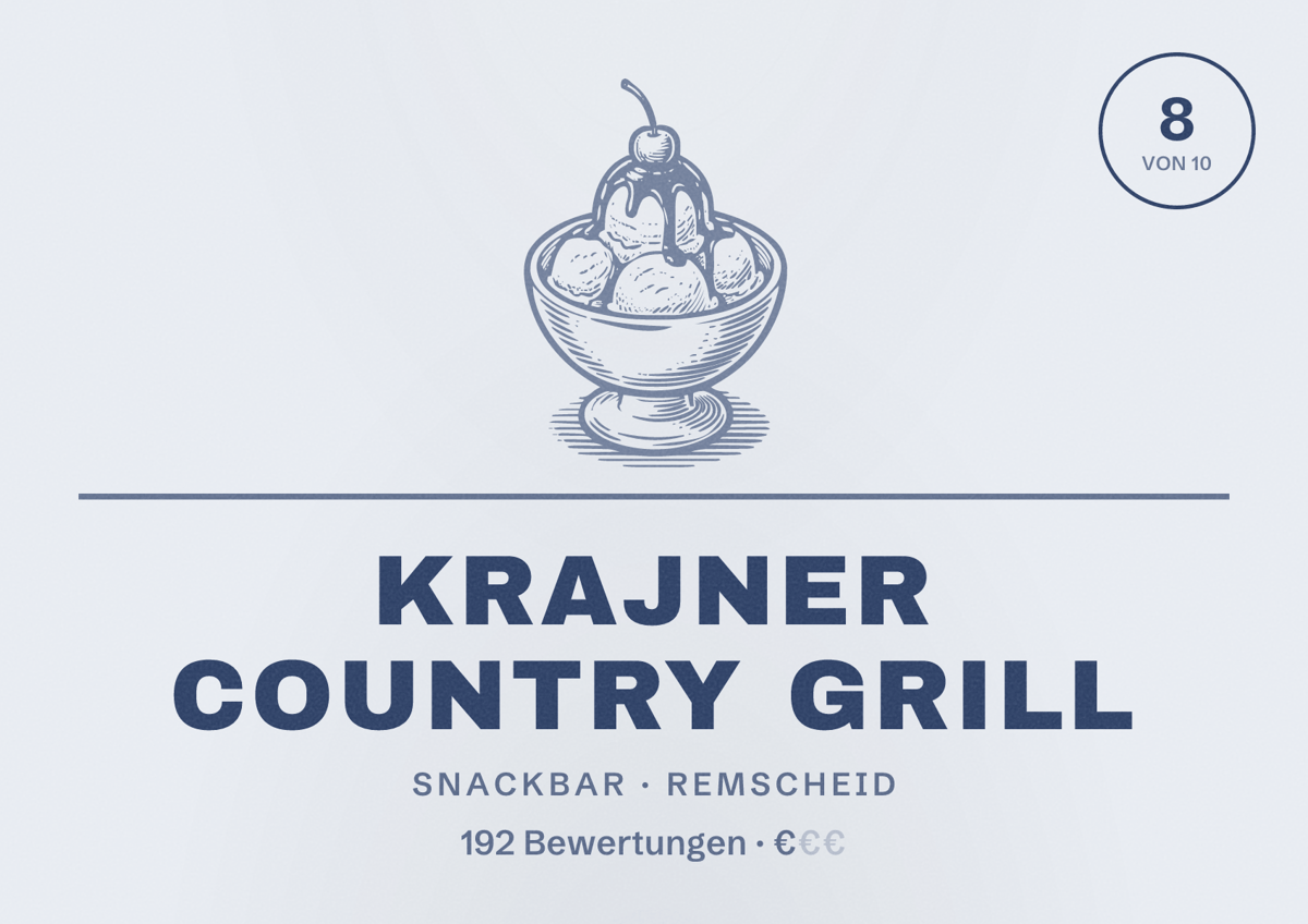 Illustriertes Poster von Krajner Country Grill, Snackbar in Remscheid: Bewertung 8 von 10 aus 192 Bewertungen, Preisniveau €