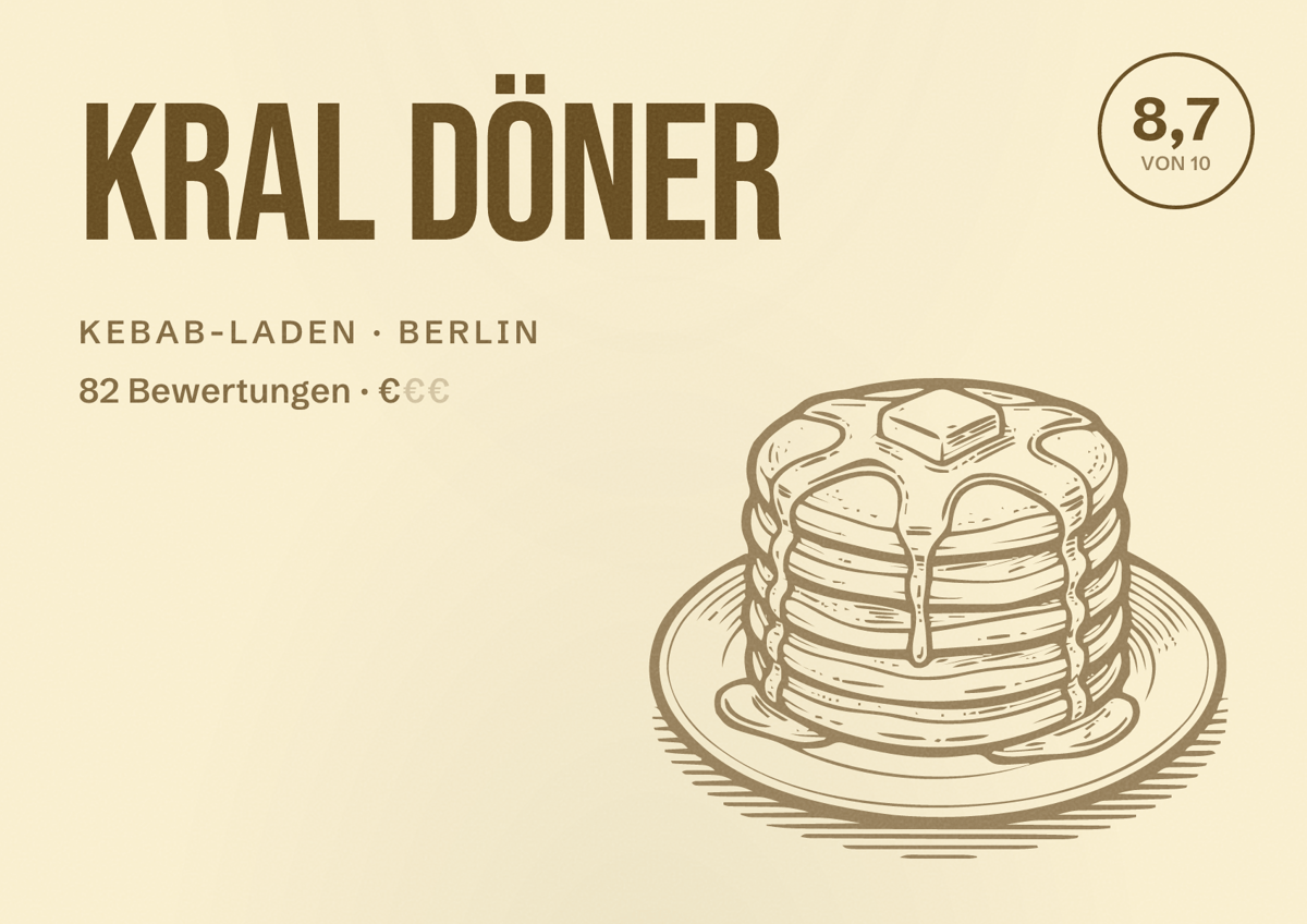 Illustriertes Poster von Kral Döner, Kebab-Laden in Berlin: Bewertung 8,7 von 10 aus 82 Bewertungen, Preisniveau €