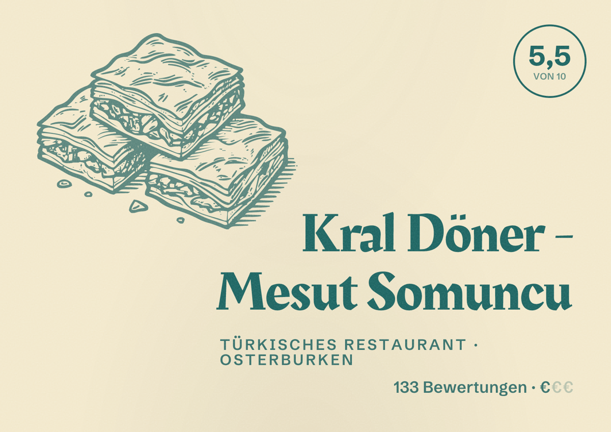 Illustriertes Poster von Kral Döner - Mesut Somuncu, Türkisches Restaurant in Osterburken: Bewertung 5,5 von 10 aus 133 Bewertungen, Preisniveau €