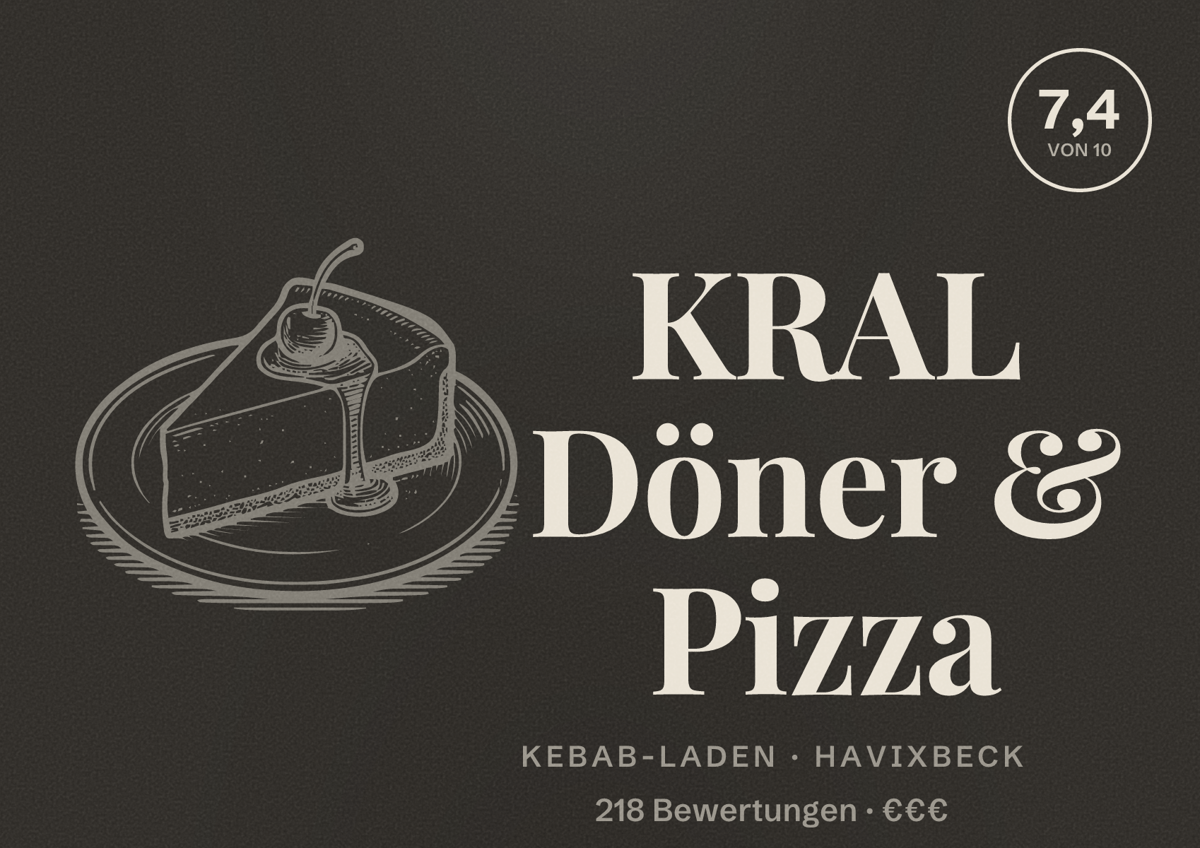 Illustriertes Poster von KRAL Döner & Pizza, Kebab-Laden in Havixbeck: Bewertung 7,4 von 10 aus 218 Bewertungen, Preisniveau €€€