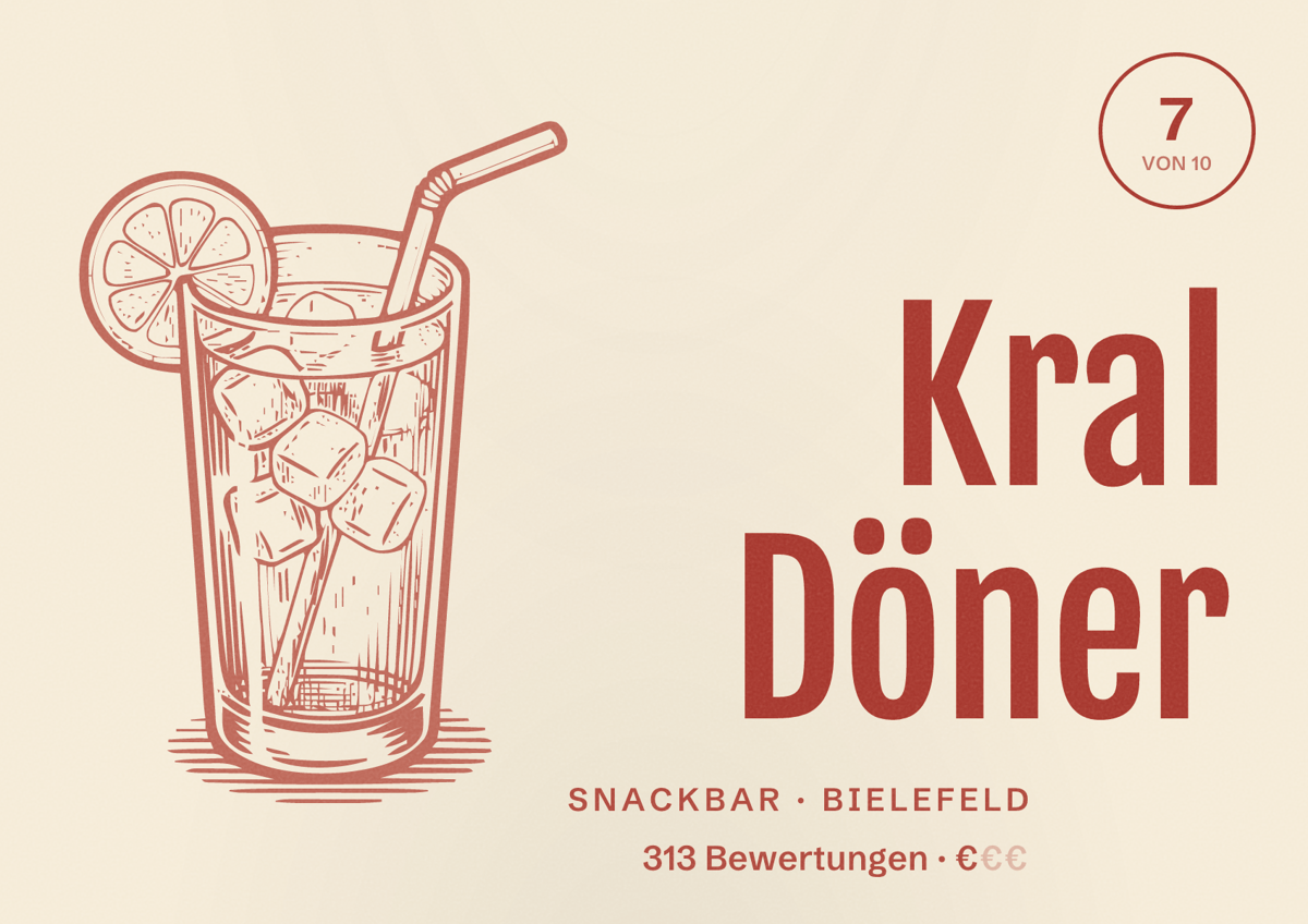 Illustriertes Poster von Kral Döner, Snackbar in Bielefeld: Bewertung 7 von 10 aus 313 Bewertungen, Preisniveau €