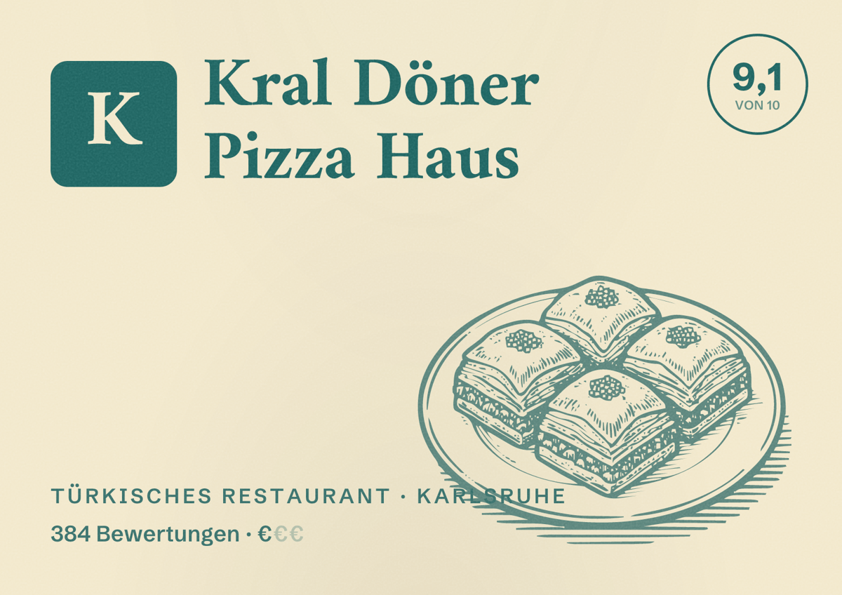 Illustriertes Poster von Kral Döner Pizza Haus, Türkisches Restaurant in Karlsruhe: Bewertung 9,1 von 10 aus 384 Bewertungen, Preisniveau €