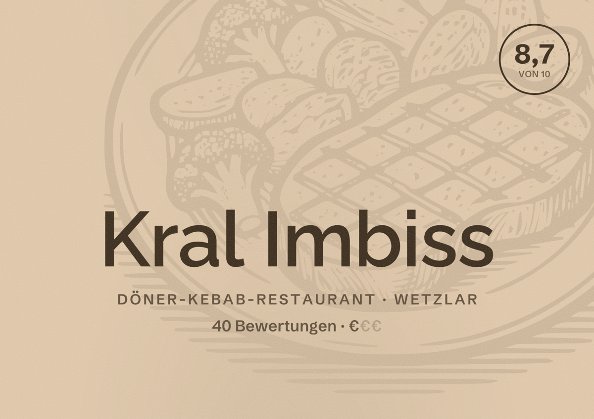 Illustriertes Poster von Kral Imbiss, Döner-Kebab-Restaurant in Wetzlar: Bewertung 8,7 von 10 aus 40 Bewertungen, Preisniveau €