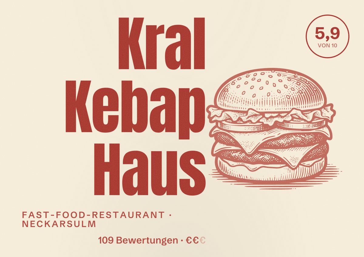 Illustriertes Poster von Kral Kebap Haus, Fast-Food-Restaurant in Neckarsulm: Bewertung 5,9 von 10 aus 109 Bewertungen, Preisniveau €€