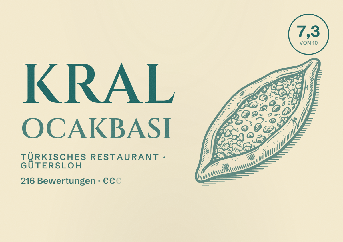 Illustriertes Poster von Kral Ocakbasi, Türkisches Restaurant in Gütersloh: Bewertung 7,3 von 10 aus 216 Bewertungen, Preisniveau €€