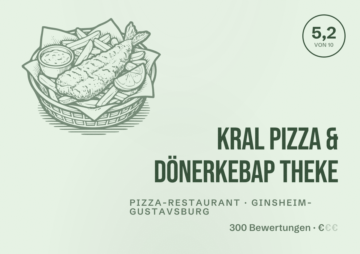 Illustriertes Poster von Kral Pizza & Dönerkebap Theke, Pizza-Restaurant in Ginsheim-Gustavsburg: Bewertung 5,2 von 10 aus 300 Bewertungen, Preisniveau €