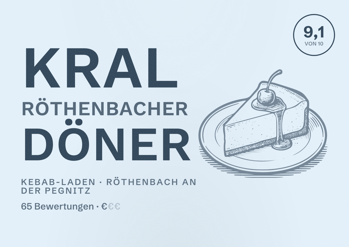 Illustriertes Poster von Kral Röthenbacher Döner, Kebab-Laden in Röthenbach an der Pegnitz: Bewertung 9,1 von 10 aus 65 Bewertungen, Preisniveau €