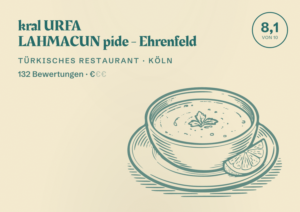 Illustriertes Poster von kral URFA LAHMACUN pide - Ehrenfeld, Türkisches Restaurant in Köln: Bewertung 8,1 von 10 aus 132 Bewertungen, Preisniveau €