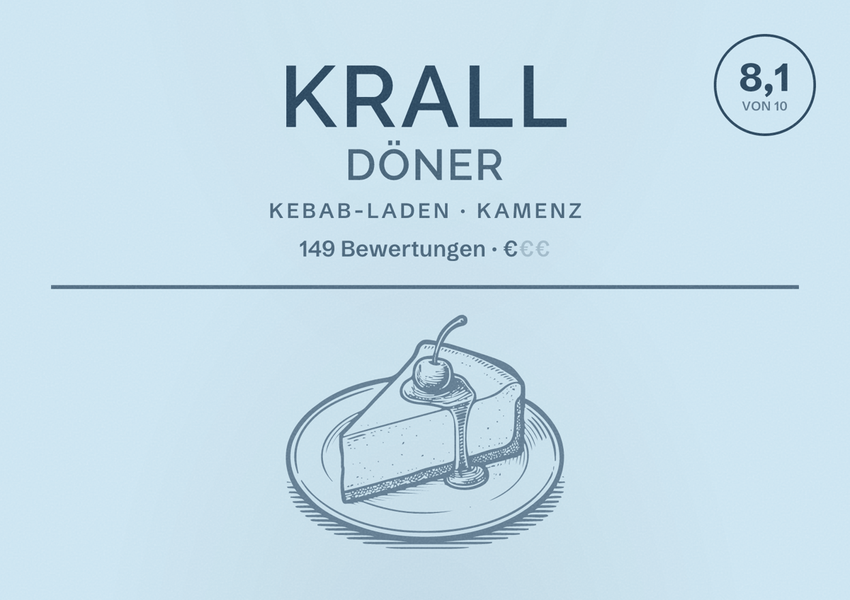 Illustriertes Poster von Krall Döner, Kebab-Laden in Kamenz: Bewertung 8,1 von 10 aus 149 Bewertungen, Preisniveau €