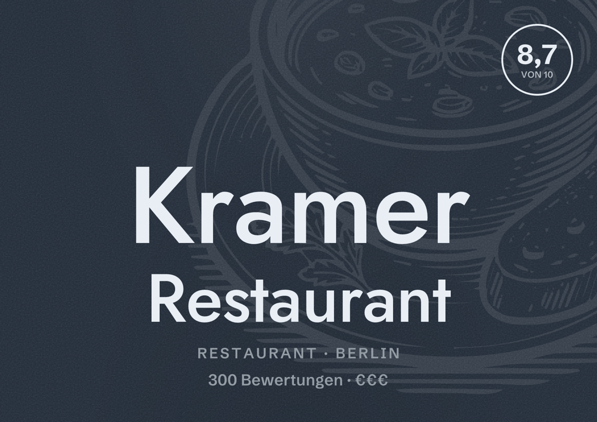 Illustriertes Poster von Kramer Restaurant, Restaurant in Berlin: Bewertung 8,7 von 10 aus 300 Bewertungen, Preisniveau €€€