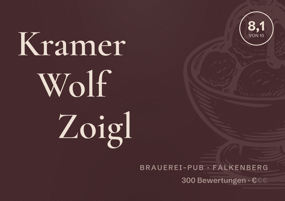 Illustriertes Poster von Kramer Wolf Zoigl, Brauerei-Pub in Falkenberg: Bewertung 8,1 von 10 aus 300 Bewertungen, Preisniveau €