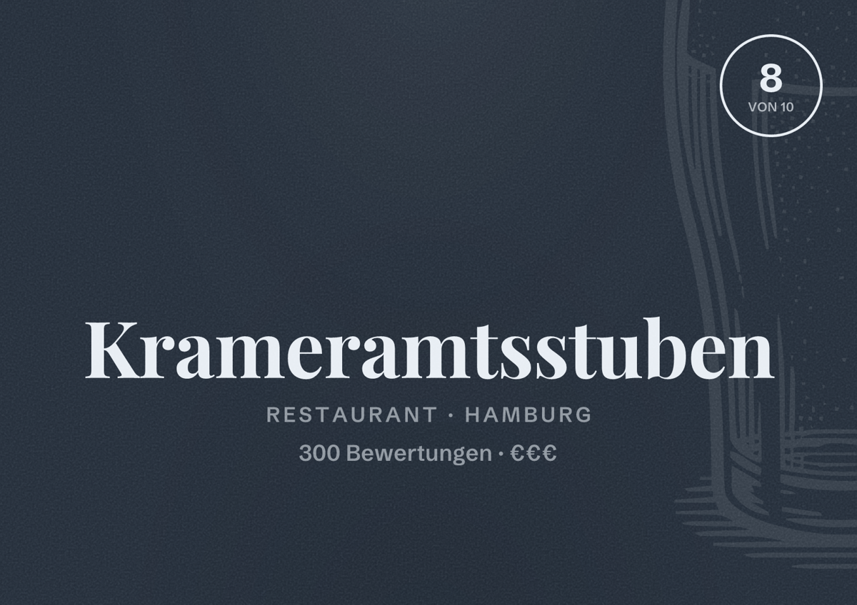 Illustriertes Poster von Krameramtsstuben, Restaurant in Hamburg: Bewertung 8,0 von 10 aus 300 Bewertungen, Preisniveau €€€
