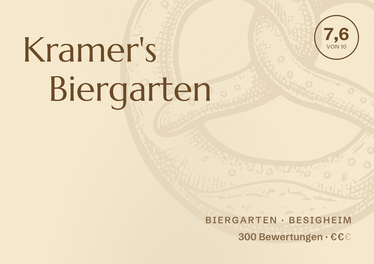 Illustriertes Poster von Kramer's Biergarten, Biergarten in Besigheim: Bewertung 7,6 von 10 aus 300 Bewertungen, Preisniveau €€