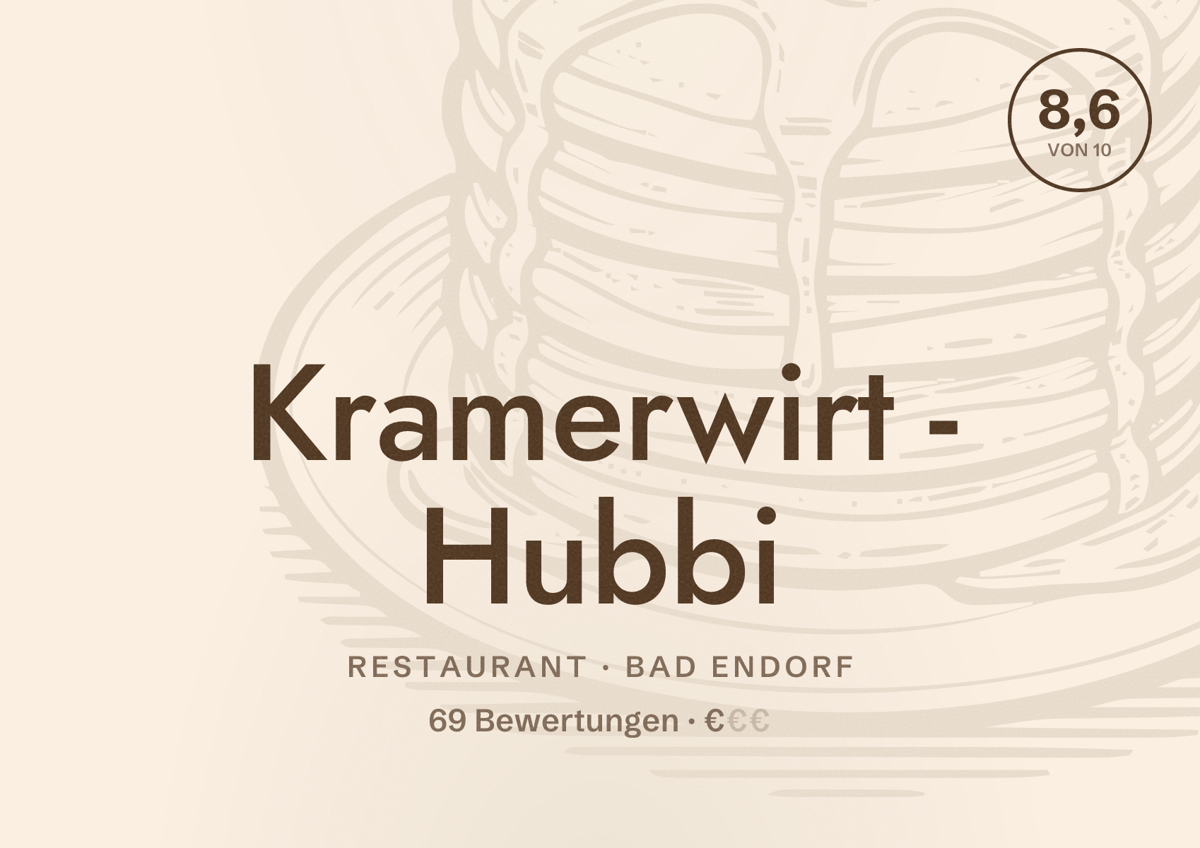 Illustriertes Poster von Kramerwirt - Hubbi, Restaurant in Bad Endorf: Bewertung 8,6 von 10 aus 69 Bewertungen, Preisniveau €