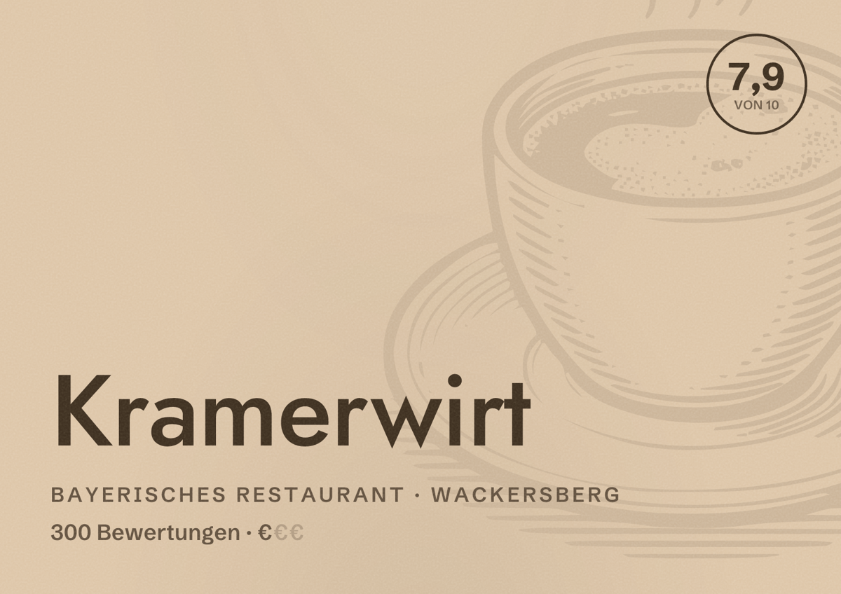 Illustriertes Poster von Kramerwirt, Bayerisches Restaurant in Wackersberg: Bewertung 7,9 von 10 aus 300 Bewertungen, Preisniveau €