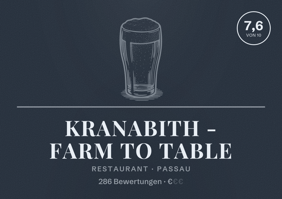 Illustriertes Poster von Kranabith - farm to table, Restaurant in Passau: Bewertung 7,6 von 10 aus 286 Bewertungen, Preisniveau €