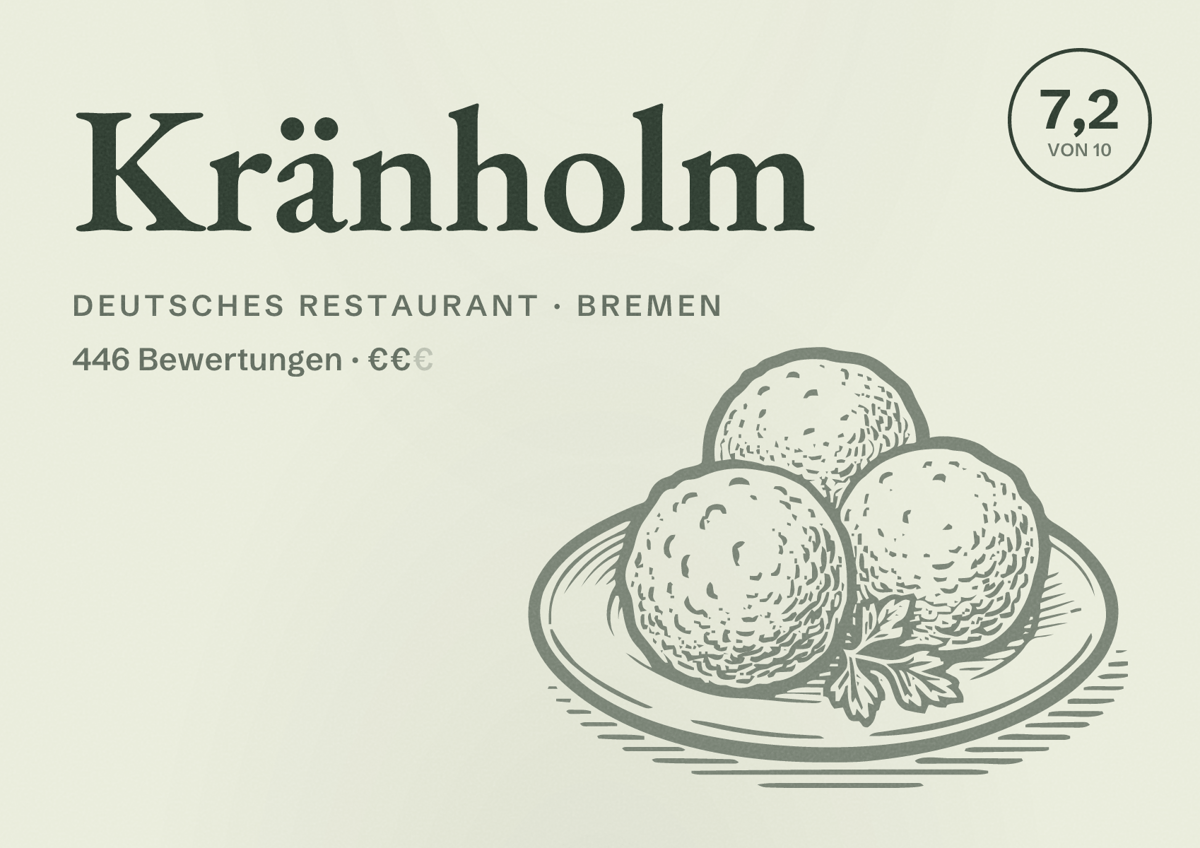 Illustriertes Poster von Kränholm, Deutsches Restaurant in Bremen: Bewertung 7,2 von 10 aus 446 Bewertungen, Preisniveau €€