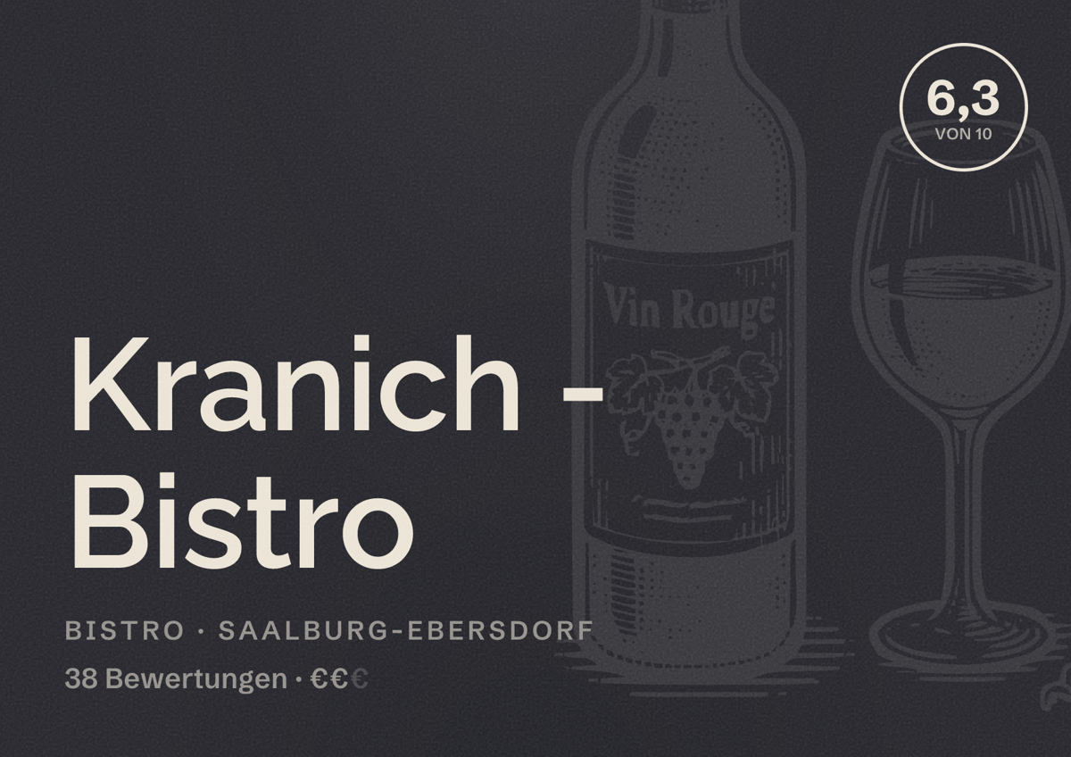 Illustriertes Poster von Kranich - Bistro, Bistro in Saalburg-Ebersdorf: Bewertung 6,3 von 10 aus 38 Bewertungen, Preisniveau €€