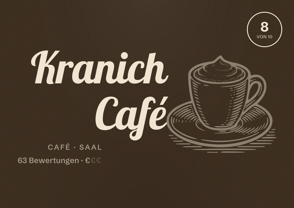 Illustriertes Poster von Kranich Café, Café in Saal: Bewertung 8 von 10 aus 63 Bewertungen, Preisniveau €