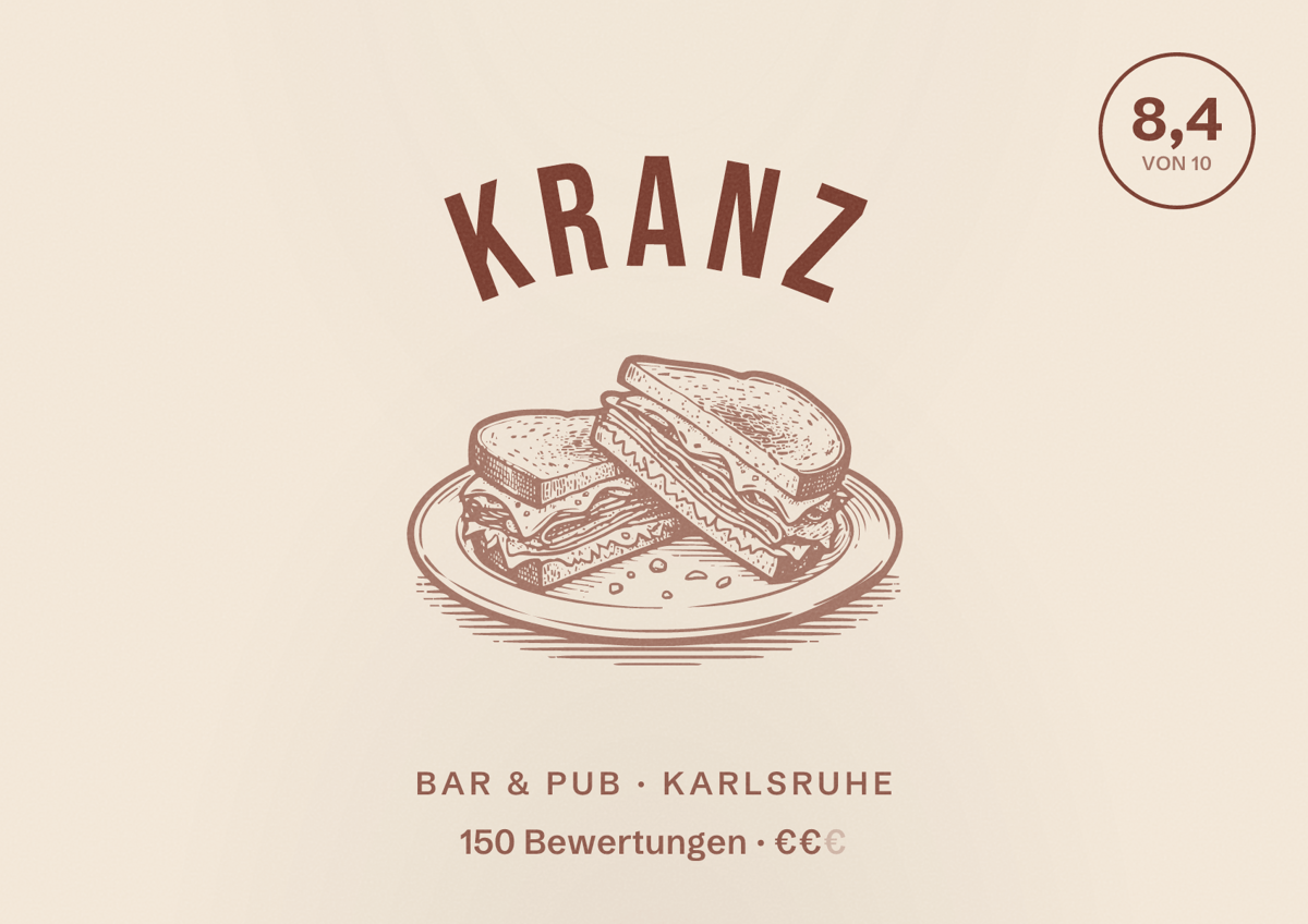 Illustriertes Poster von KRANZ, Bar & Pub in Karlsruhe: Bewertung 8,4 von 10 aus 150 Bewertungen, Preisniveau €€