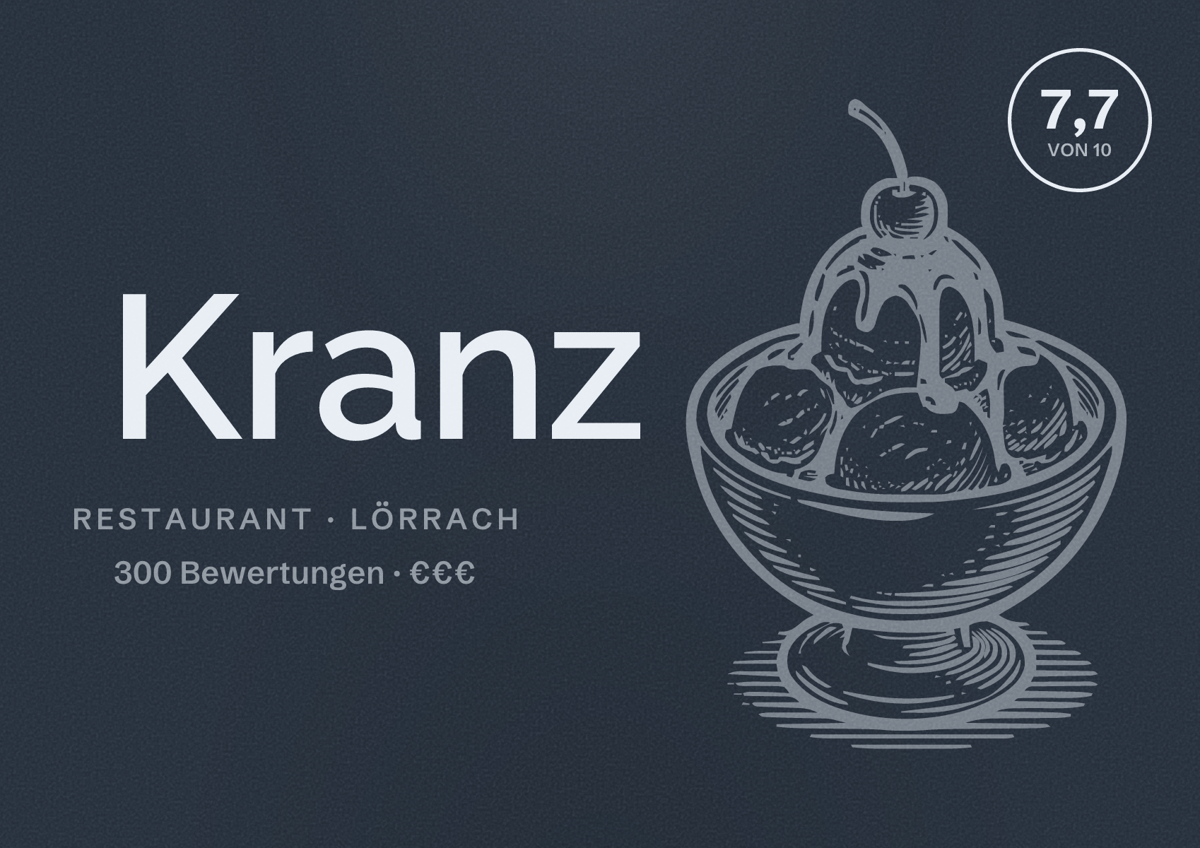 Illustriertes Poster von Kranz, Restaurant in Lörrach: Bewertung 7,7 von 10 aus 300 Bewertungen, Preisniveau €€€