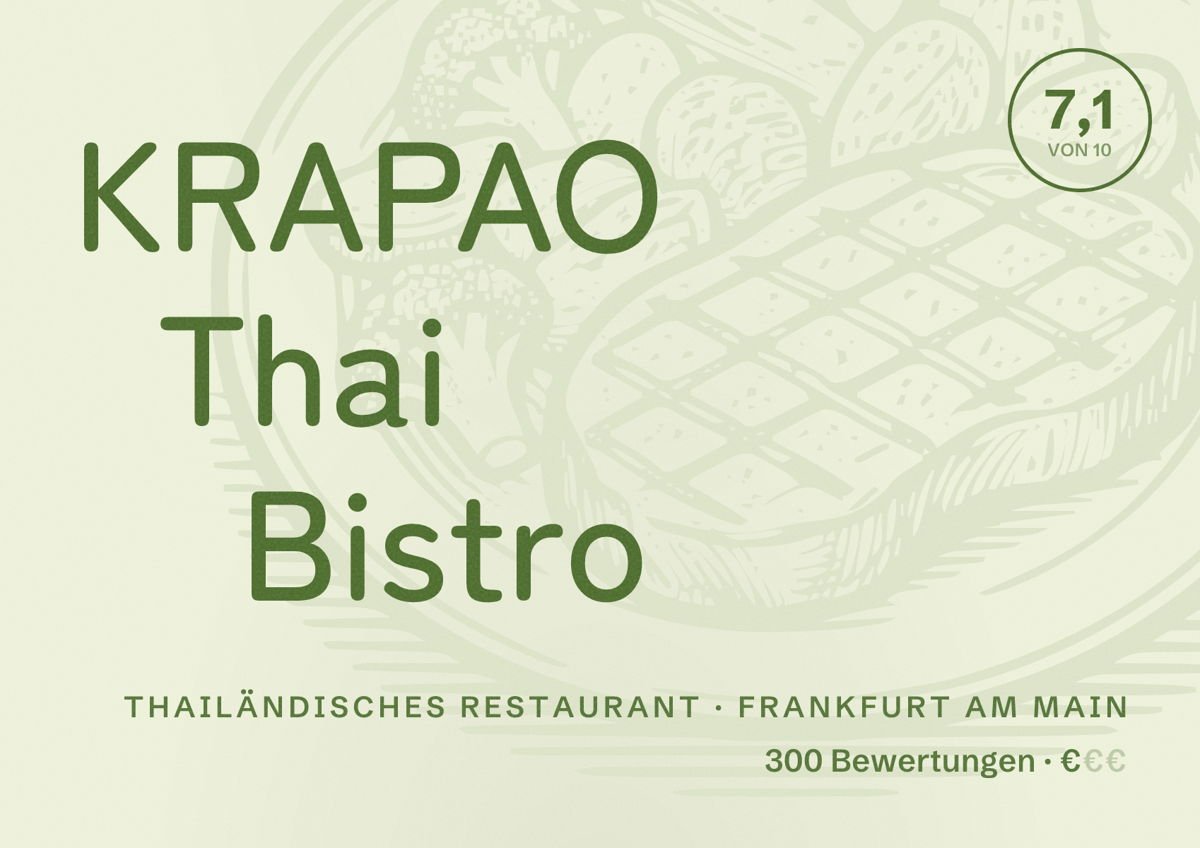Illustriertes Poster von KRAPAO Thai Bistro, Thailändisches Restaurant in Frankfurt am Main: Bewertung 7,1 von 10 aus 300 Bewertungen, Preisniveau €