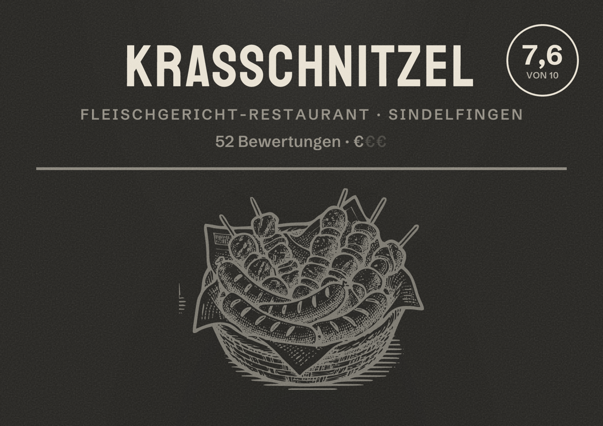Illustriertes Poster von KrasSchnitzel, Fleischgericht-Restaurant in Sindelfingen: Bewertung 7,6 von 10 aus 52 Bewertungen, Preisniveau €