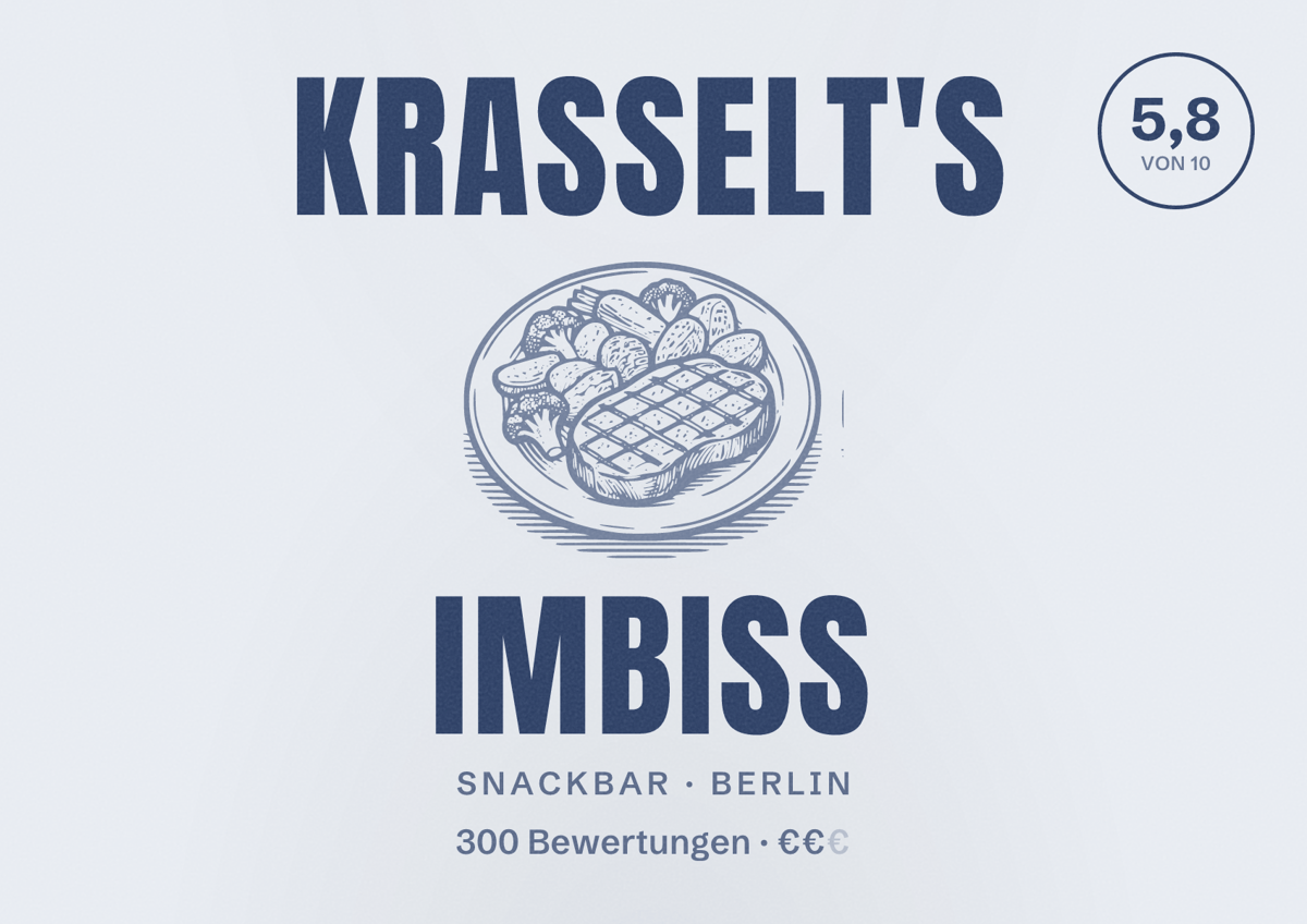 Illustriertes Poster von Krasselt's Imbiss, Snackbar in Berlin: Bewertung 5,8 von 10 aus 300 Bewertungen, Preisniveau €€