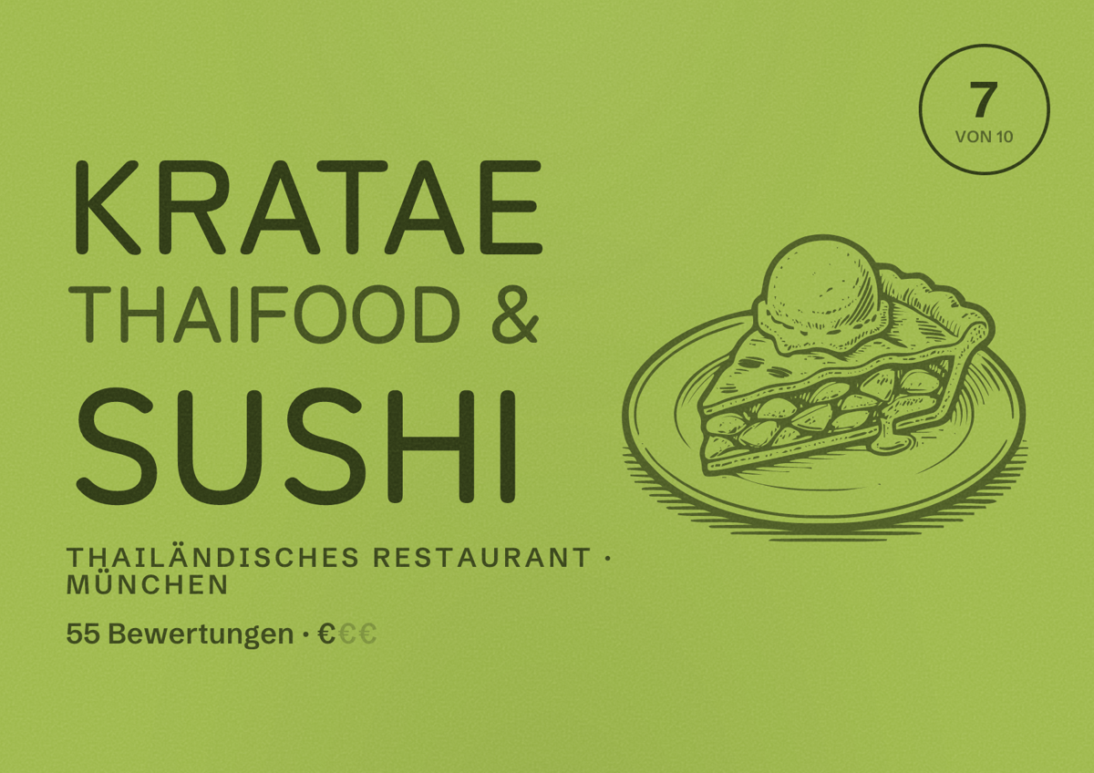 Illustriertes Poster von KraTae Thaifood & Sushi, Thailändisches Restaurant in München: Bewertung 7 von 10 aus 55 Bewertungen, Preisniveau €