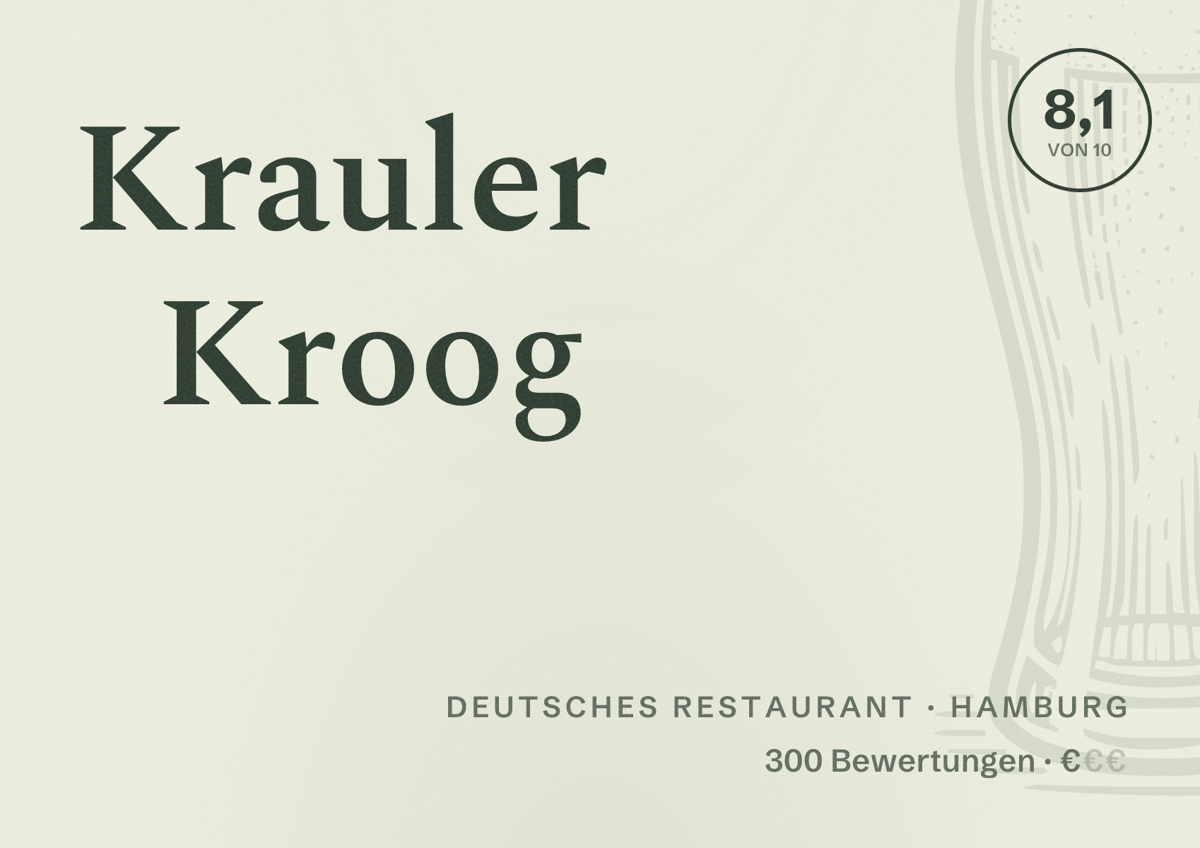 Illustriertes Poster von Krauler Kroog, Deutsches Restaurant in Hamburg: Bewertung 8,1 von 10 aus 300 Bewertungen, Preisniveau €
