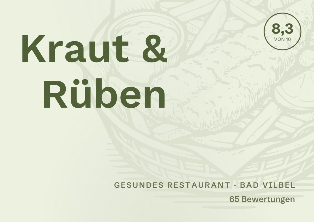Illustriertes Poster von Kraut & Rüben, Gesundes Restaurant in Bad Vilbel: Bewertung 8,3 von 10 aus 65 Bewertungen