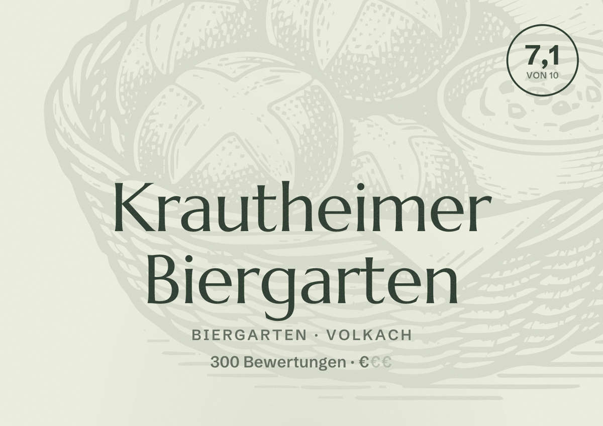 Illustriertes Poster von Krautheimer Biergarten, Biergarten in Volkach: Bewertung 7,1 von 10 aus 300 Bewertungen, Preisniveau €